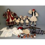 2 large & 3 small vintage souvenir Greek dolls in traditional costumes, complete with spare costumes