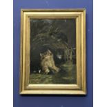 C19/20th oil on board '3 cats' 36x26cm framed