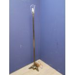 Brass column standard lamp on paw feet 30W base x 163H cm