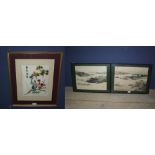 Pair of signed mixed method Japanese tranquil coastal scenes with sanpans 29x38.5cm & Japanese