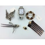 Metal watch, 2 tortoiseshell hair combs, 2 brooches & 1 pendant