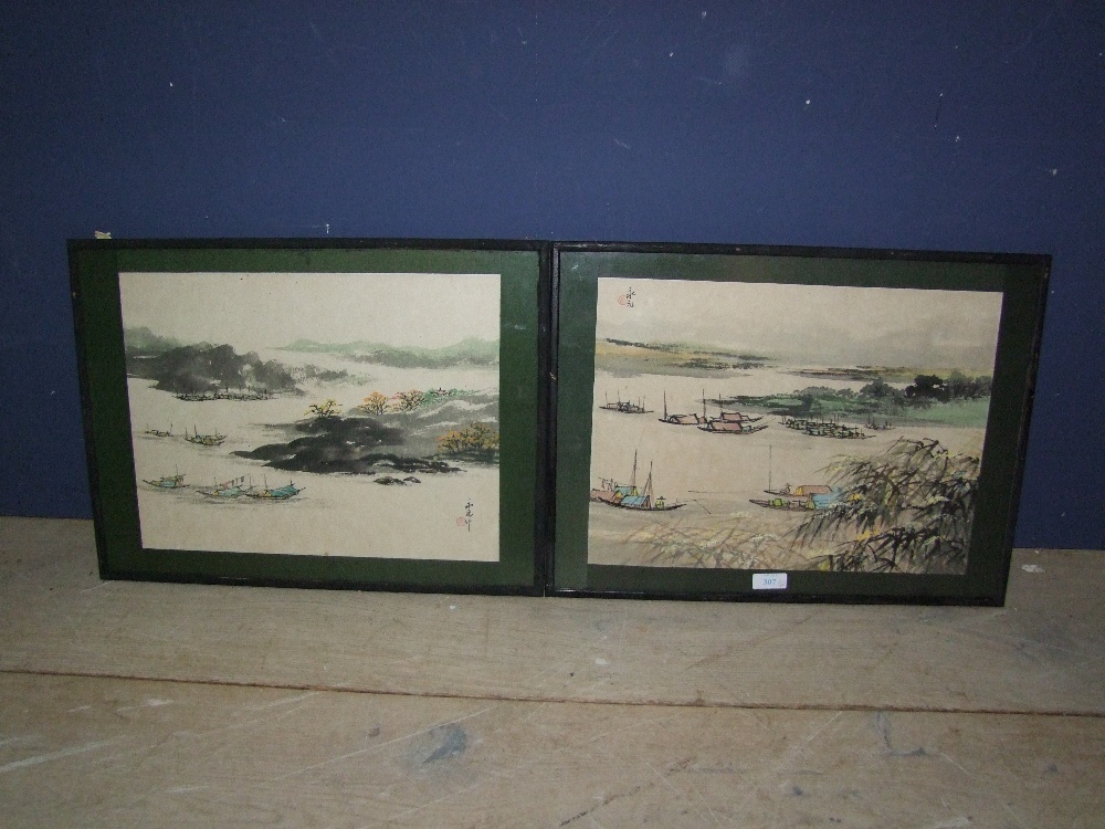 Pair of signed mixed method Japanese tranquil coastal scenes with sanpans 29x38.5cm & Japanese - Image 2 of 2