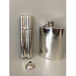 2 white metal hip flasks, 1 shaped as a cigar case, opening to reveal flask & cigar compartment both