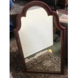 Arch shaped wall mirror with painted red & gold surround with images of Chinese flora & fauna. The