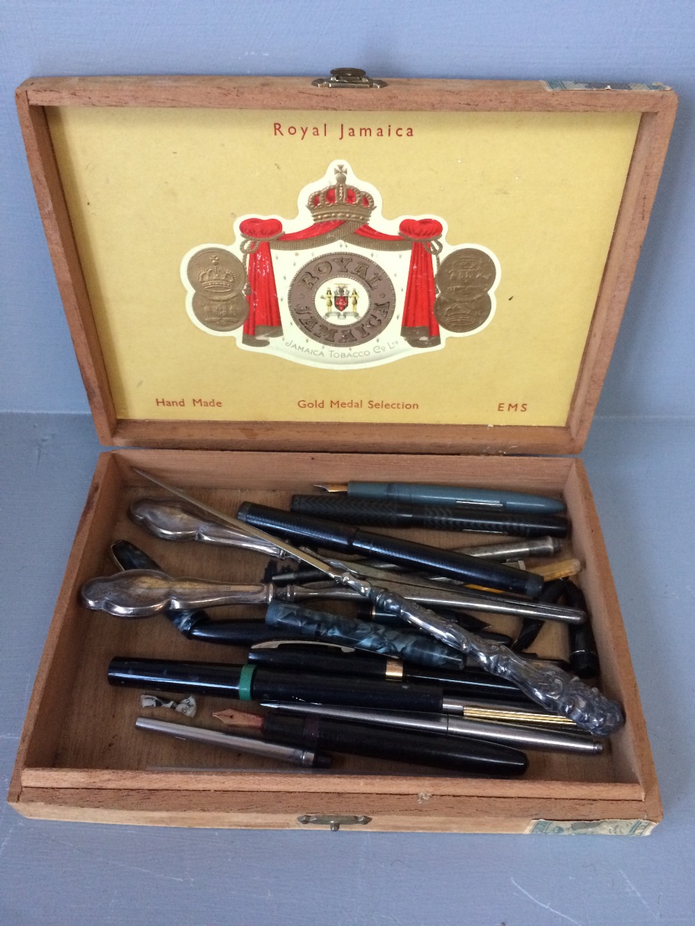 Qty of old fountain pens & propelling pencils hallmarked silver glove stretcher & paper knife