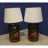 Pair of Chinese green toleware tea cannister lamps, PAT tested with shades