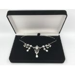 Silver & cubic zirconia necklace antique style with pearl drop