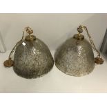 Pair of modern glass bell shaped pendant lamps & fittings 39diam, 40cmH (possibly by Biot)