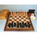 1960s weighted Staunton chess set & board, travelling Bakelite chess set together with a chess timer