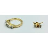 18ct gold & diamond 5 stone ring, size M & a matching pair of stud earrings with full details of