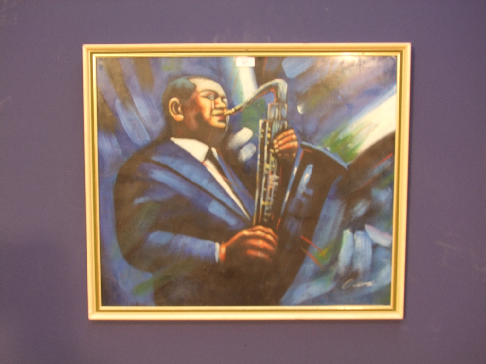 Jazz interest signed oil painting of a jazz saxophonist 50x58cm