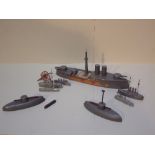 WWI battleship & submarine mousetrap toy, together with WWI lead battleships (as found)