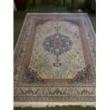 Rug with blue, pink and white centre flower pattern & white borders, 410x300cm