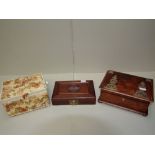 Victorian fitted sewing box in rosewood with brass mounts containing needle cases, thimbles etc,