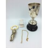 EPNS teething ring & hallmarked trophy cup, yellow metal fine link necklace with solitaire stone