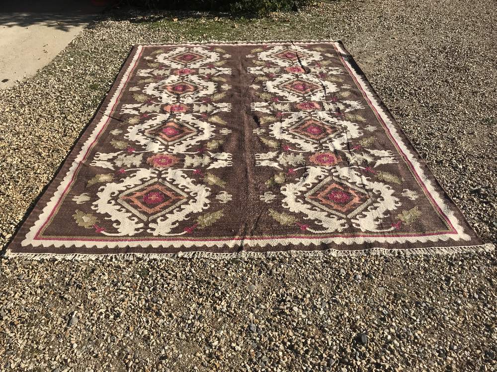 OKA rug, light brown & cream ground with pinks & floral motifs 365x254cm (cost £1000 new)