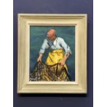 Marjorie Mort C20th oil on board 'Man With Net Newlyn' signed lower left 29x24cm framed