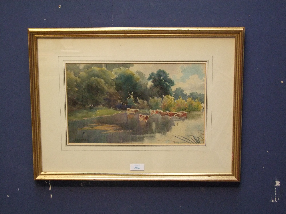 Early C19/20th gilt framed country watercolour scene with cattle in a stream signed 20.5x34.5cm