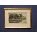 Early C19/20th gilt framed country watercolour scene with cattle in a stream signed 20.5x34.5cm