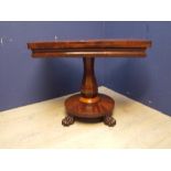 Mahogany fold over table on central circular column to large pad feet 97Wx47Dx75H cm