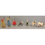 Early C20th lead painted circus figures: ring master, 2 clowns, 2 horses & 2 stilt walkers (see