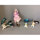 Small collection of porcelain birds, a Coalport figure 'Colleen' papier mâché snuff box &