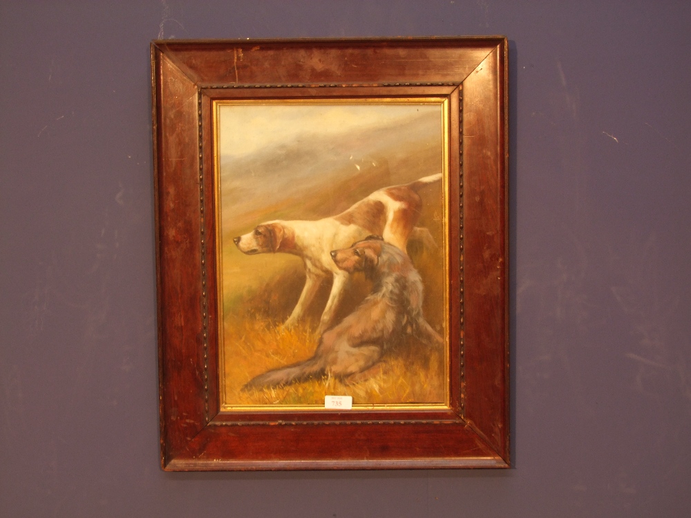 Oil painting study of hunting dog on a grassy hillside in mahogany frame 39cm