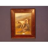 Oil painting study of hunting dog on a grassy hillside in mahogany frame 39cm