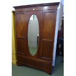 Edwardian inlaid mahogany wardrobe with oval bevelled mirror above a drawer 116Wx43Dx198H cm