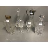 2 cut glass decanters, claret jug with white metal mounts, early Victorian claret jug with silver