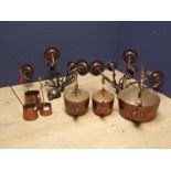 Pair 5 branch wall sconces, pair small lanterns, 3 "cider" measures & 3 copper kettles