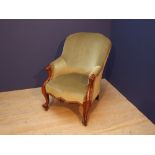 Victorian arm chair & matching chaise longue covered in pale green velvet