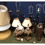 Set of 6 wooden table lamps, 2 gilt lamp bases, pair of porcelain lamp bases & various other lamps