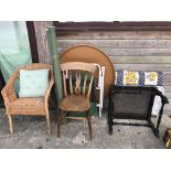 Folding circular (90cm dia) garden table & a pair of canvas seated chairs, wicker chair etc, small