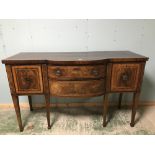 Mahogany bow fronted sideboard with inlay, 2 side cupboards & 3 central drawers on tapered legs