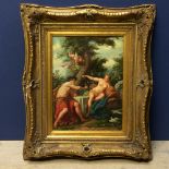 After the antique, oil on wood panel, classical garden bibulous scene, a cherub descending with a