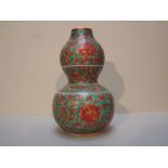 Gourd shaped green vase decorated with red floral pattern 25H cm