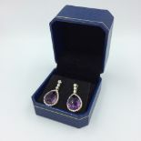 Pair earrings, 18ct yellow gold, pear shaped diamond & amethyst 6cts