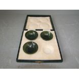 Set of 3 (of 4) spinach jade miniature bowls in fitted case retained by H Simmonds 60-61