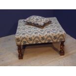 Upholstered stool & matching cushion, in good quality blues & buff coloured fabric 77Wx77Lx41H cm