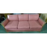 Large wooden framed sofa with red covering 210x89x67H cm