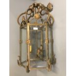 Gilt metal & glass 6 sided lantern with 3 branch light fitting 65cm H