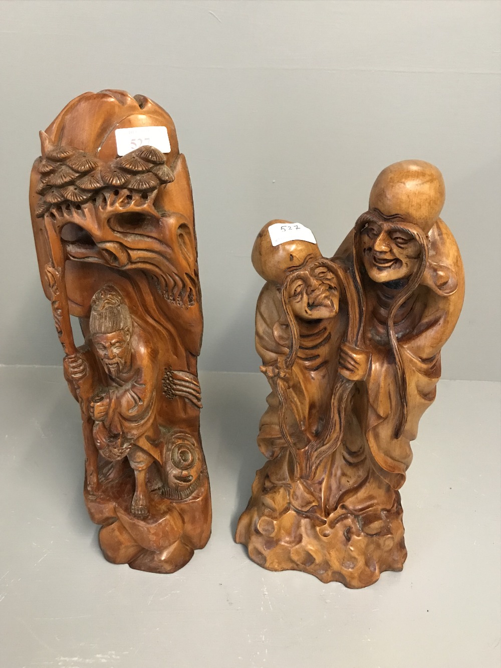 2 Oriental carved wood figures 40 & 35cm