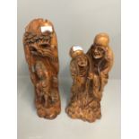 2 Oriental carved wood figures 40 & 35cm