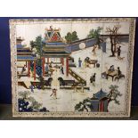 C20th "Chinese Scene with pagoda and figures at various activities" 127x155cm in faux bamboo frame