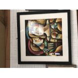 Studio framed modernist oil painting portrait of masquerade figures 52x52cm