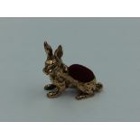 Copper pin cushion in the form of a rabbit