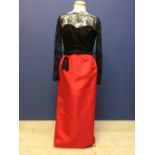 Ladies' designer evening dress in red silk with black lace bodice; from a Paris designer