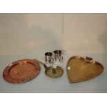 2 plated 1/2 pt tankards, brass candle holder on tray, heart shaped brass tray, copper Art Noveau