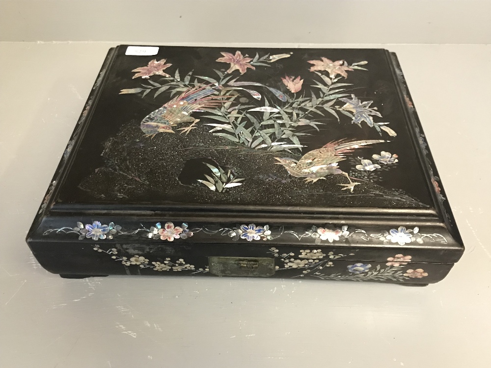 Asian lacquered box decorated with abalone shell birds & flowers 36x29x10cmH